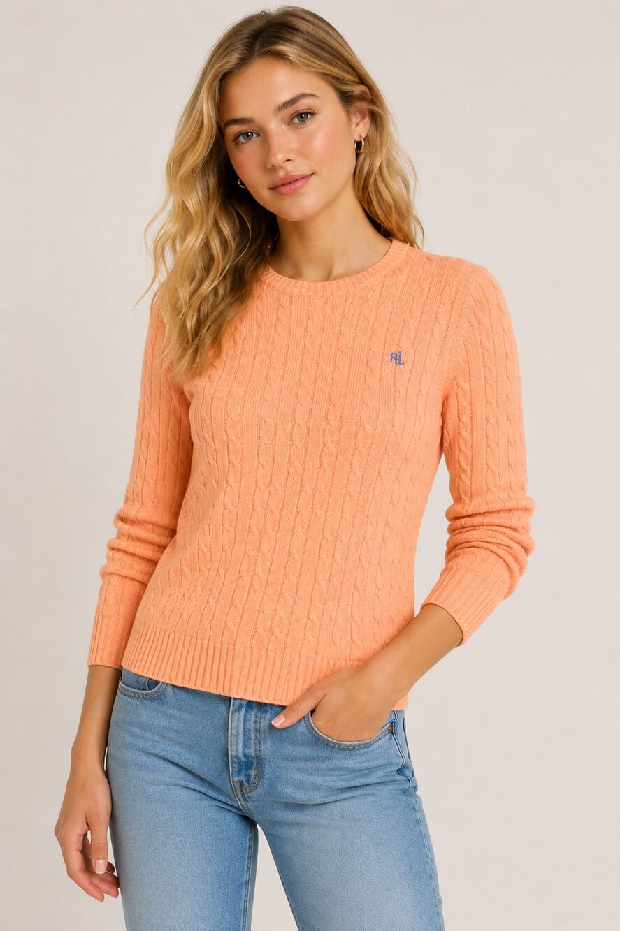 Vtg LRL Peach Cable Knit Sweater Womens Medium Crewneck Cotton Preppy L